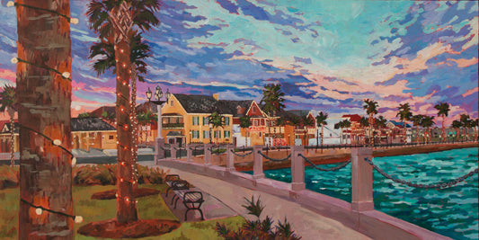 sunset Painting of historic St Augustine along Avenida Menendez road with palm trees