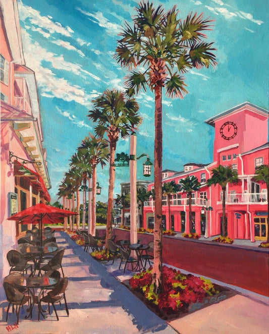 vibrant painting of Palms lining Market Street in the town center of Celebration Florida