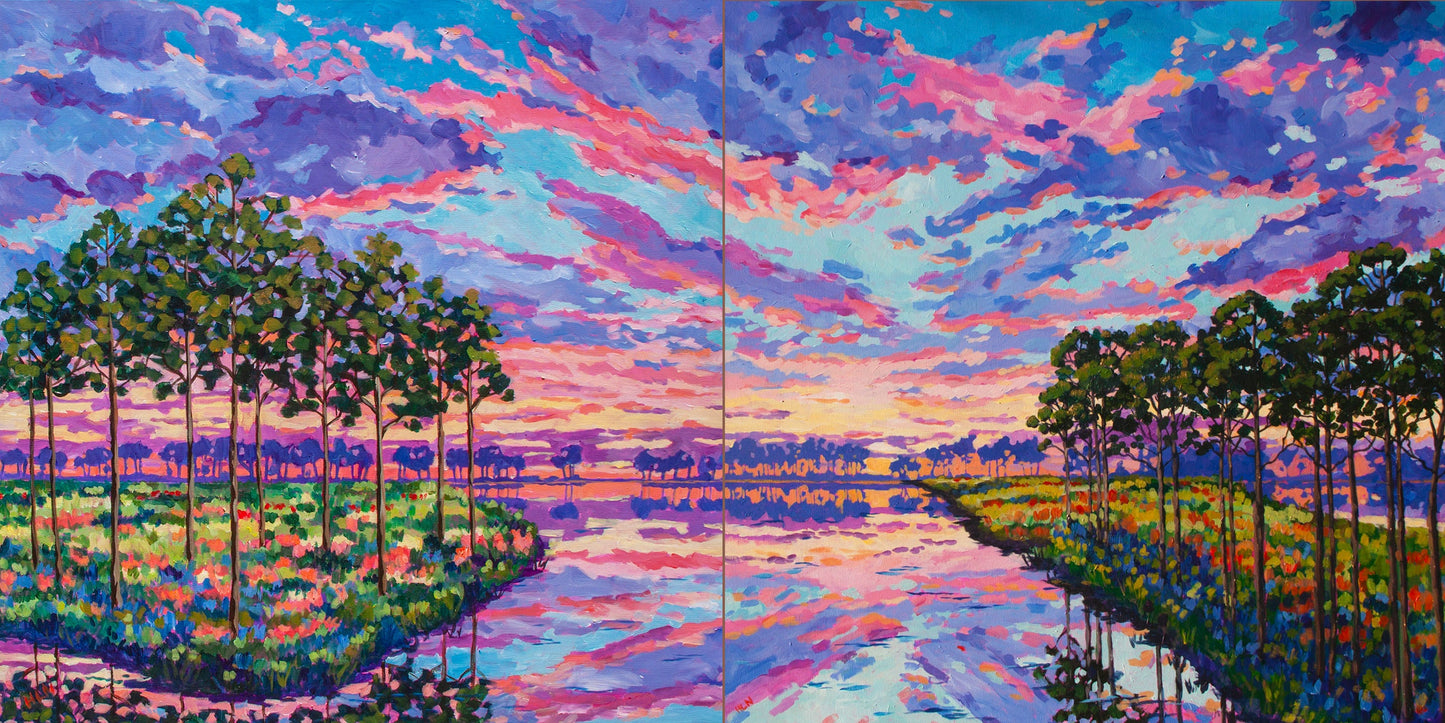 Dramatic large scale diptych painting of Florida wetlands and evergreen trees at sunset