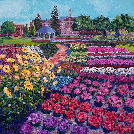 Original vibrant  impressionistic painting of Trial Garden at Colorado State University with rows of colorful flowers