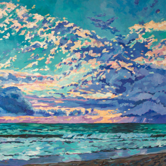 vibrant large beach painting of sunset over the ocean