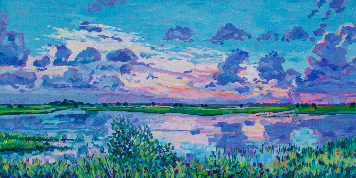 Original vibrant  impressionistic panoramic painting of sunset over the marshlands in St Augustine Florida with dramatic clouds 