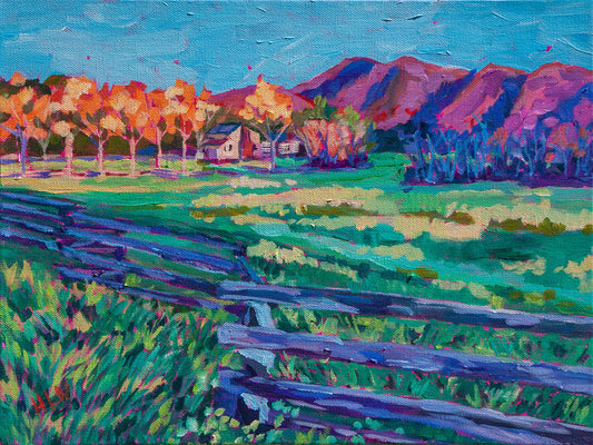 Original vibrant  impressionistic painting of a meadow area in the Smoky Mountain National Park with old homestead and fence