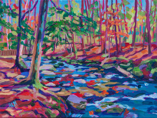 impressionist painting of mountain stream in woods