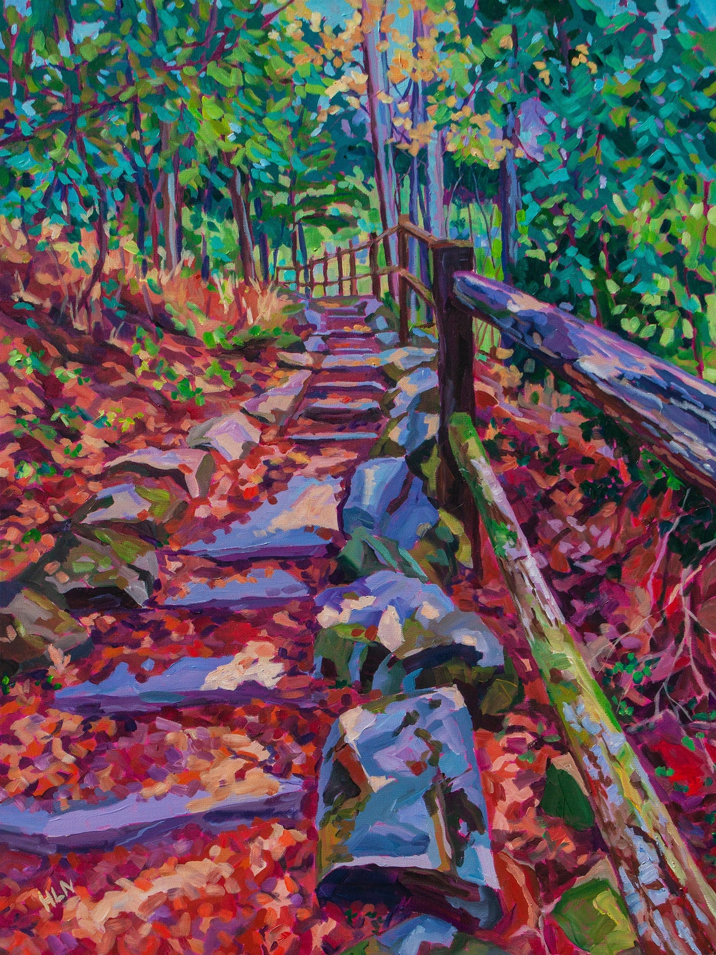 dramatic impressionist painting of trail with steps leading upward inspired by Great Smoky Mountains National Park