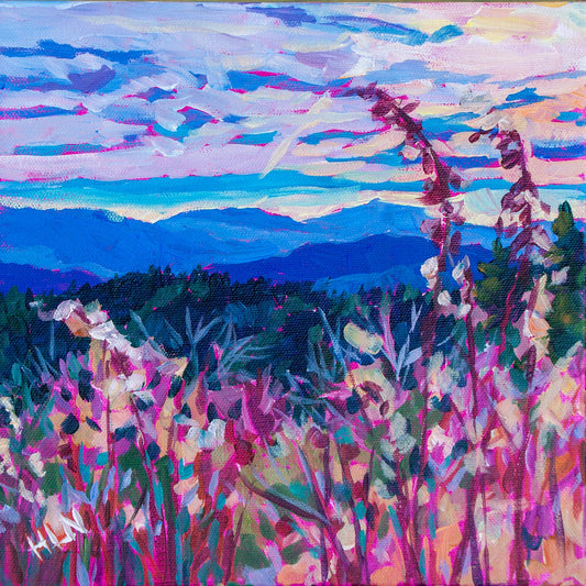 Impressionist painting of the smoky mountains with plants in foreground