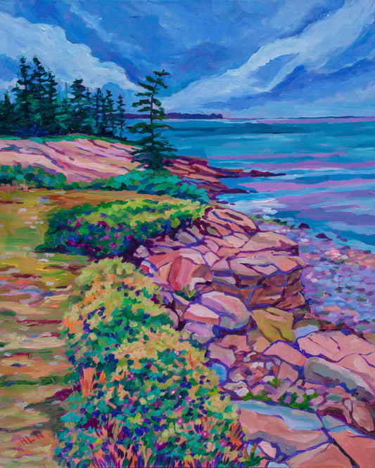 Acadia National Park painting featuring rocky coastline and ocean