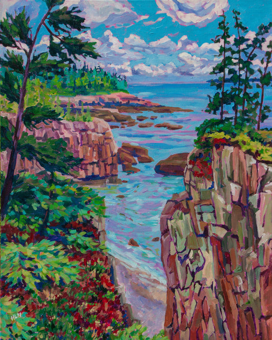 Painting of beautiful Acadia National Park featuring the shoreline and cliffs of Raven's Nest on the schoodic peninsula 