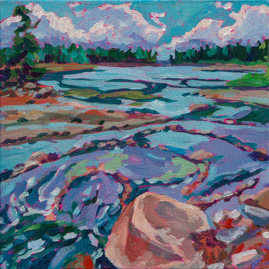 Impressionistic painting showing low tide and rock patterns in a stream on Mount Desert Island Maine