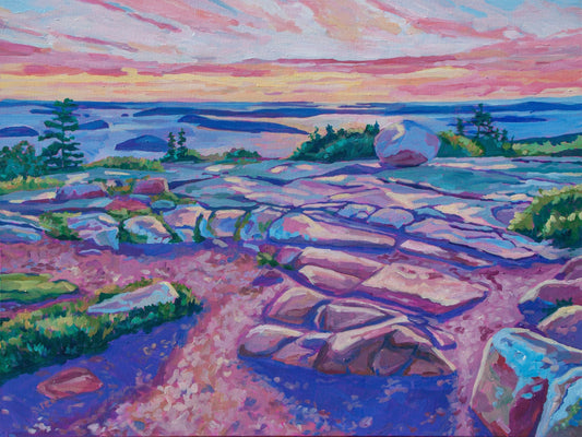 Impressionist painting of sunrise over Cadillac Summit on Mount Desert Island that is part of Acadia National Park