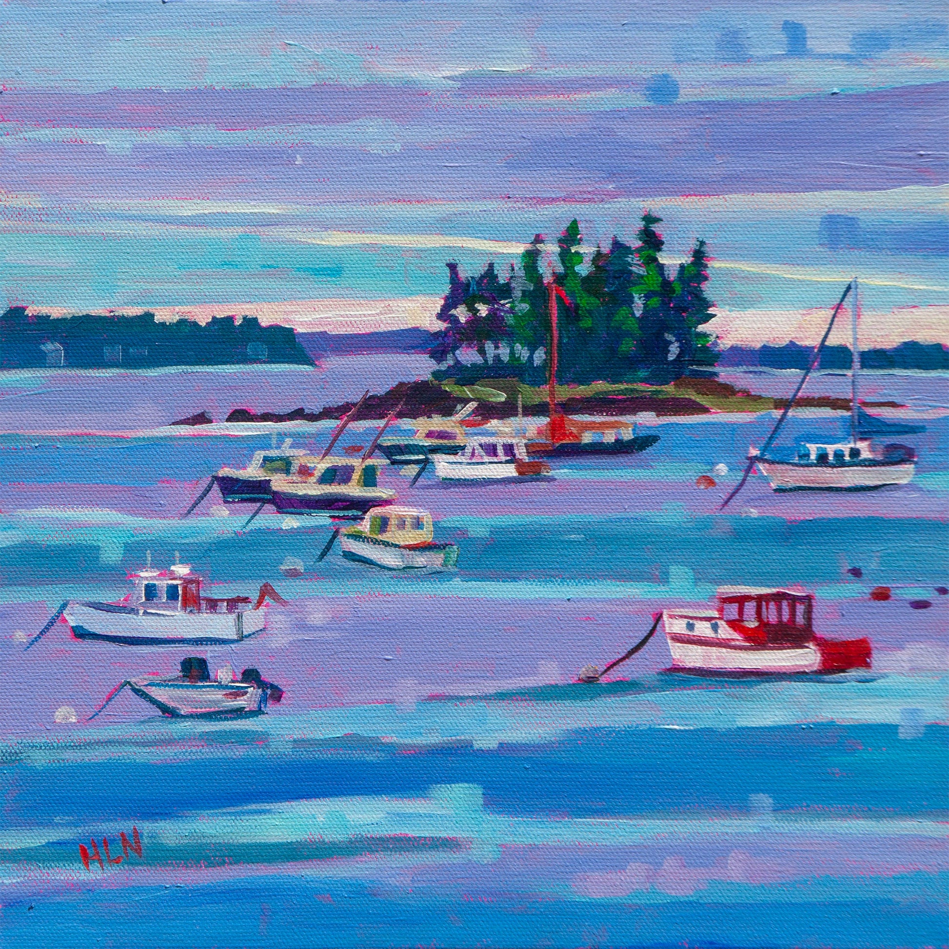 Lobster boats in the harbor around Mount Desert Island in Maine near Acadia National Park