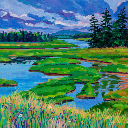 20x20 painterly original painting of Wetlands on Mount Desert Island Maine with dramatic sky and evergreen trees. 