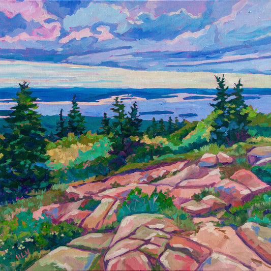 Painting from the top of Cadillac Summit in Acadia National Park in Maine overlooking the town of Bar Harbor