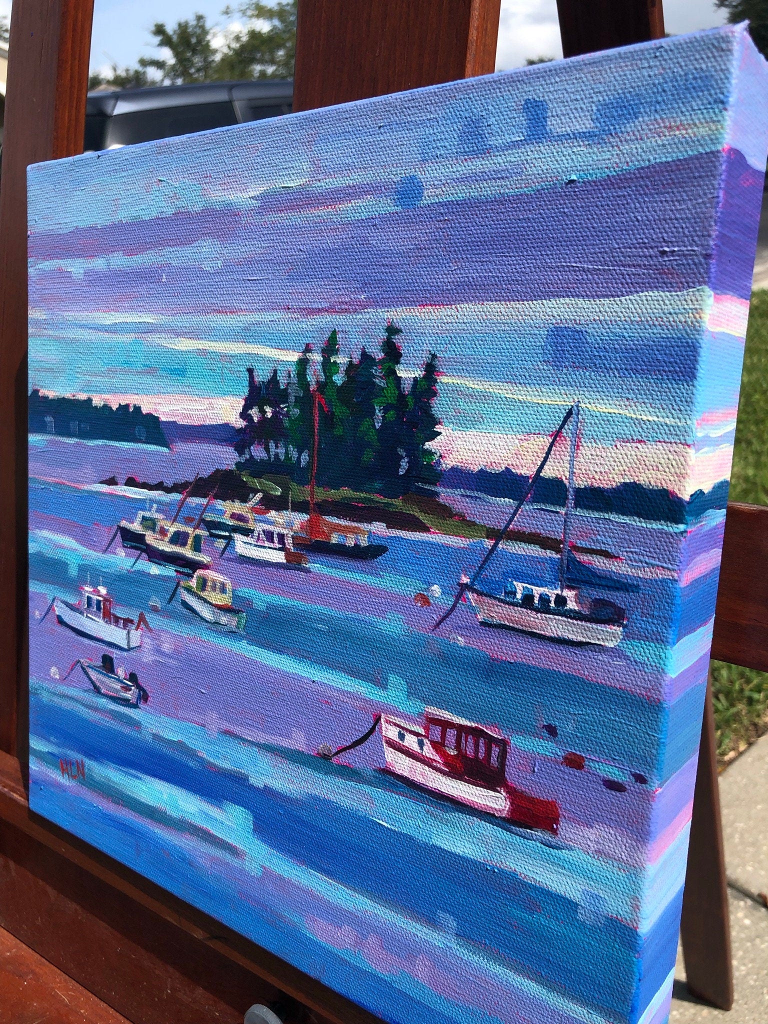 alternative view of lobster boats painting shows painting wraps around edge of canvas