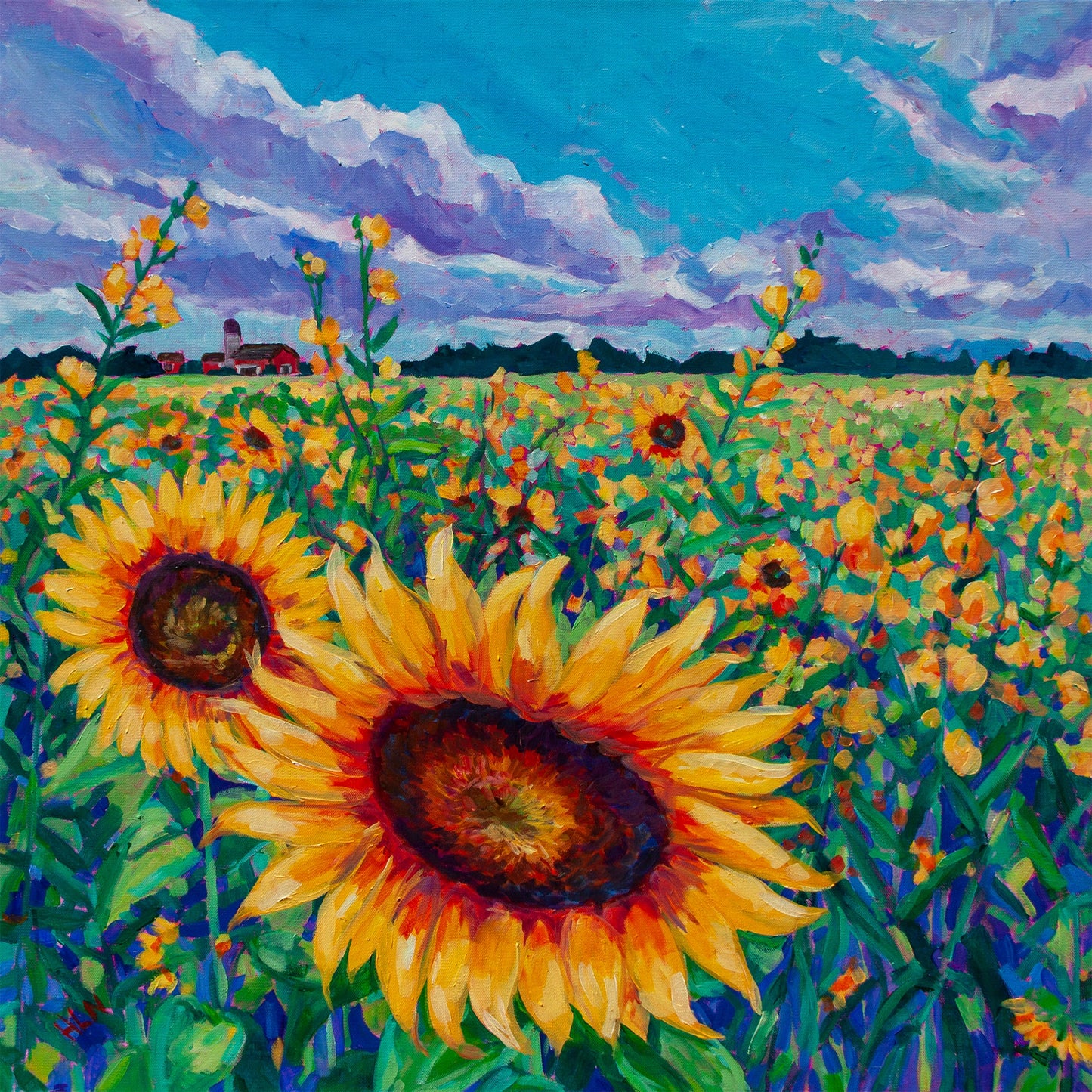 Dramatic sunflower field painting with modern impressionist style