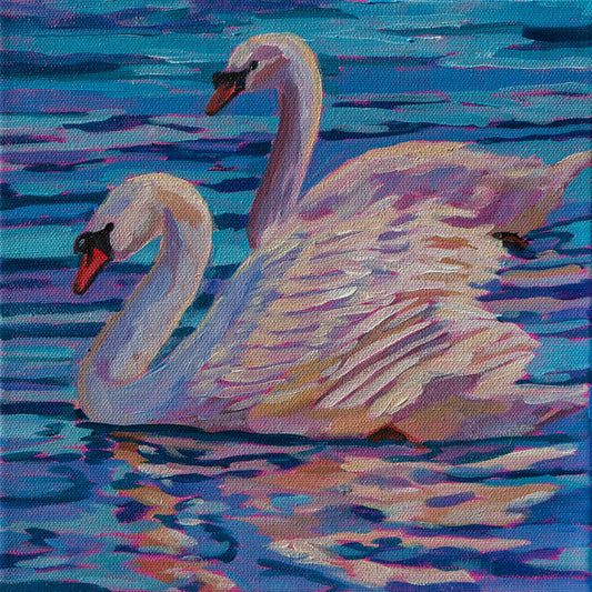 Original vibrant  impressionistic painting 10x10 of two swans