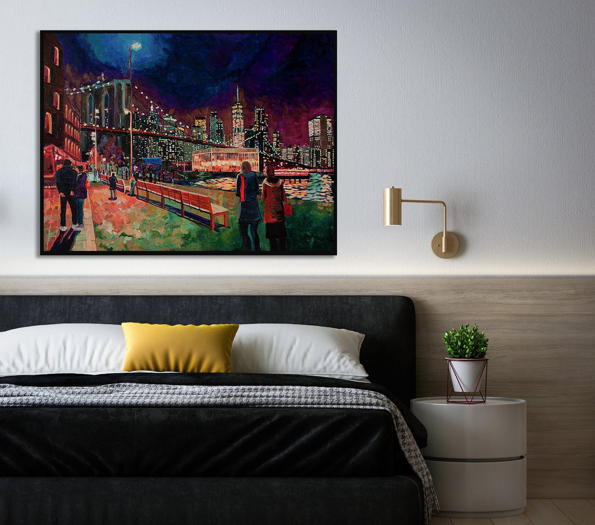 painting of New World Trade Center and the Brooklyn Bridge in bedroom