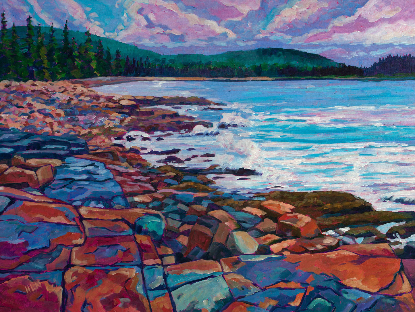 Dramatic painting of coast of the Schoodic Peninsula in Maine as tide comes in over the rocks