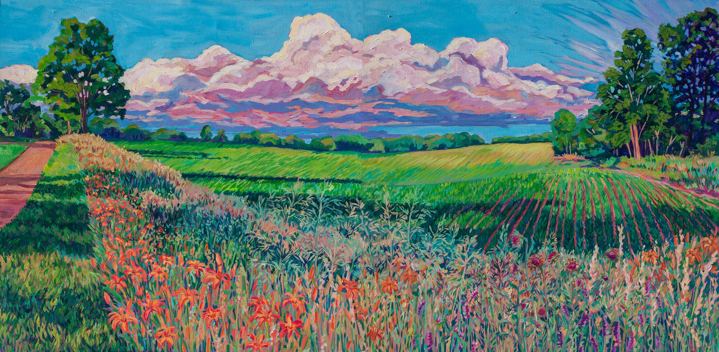 panoramic painting of farmland with rolling fields, dramatic clouds and wild flowers in Southern Michigan