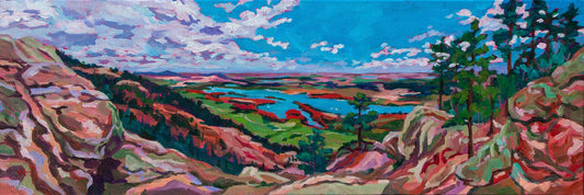 Panoramic impressionist painting of view from Arthur's Rock in the foothills of Fort Collins Colorado showing the reservoir 