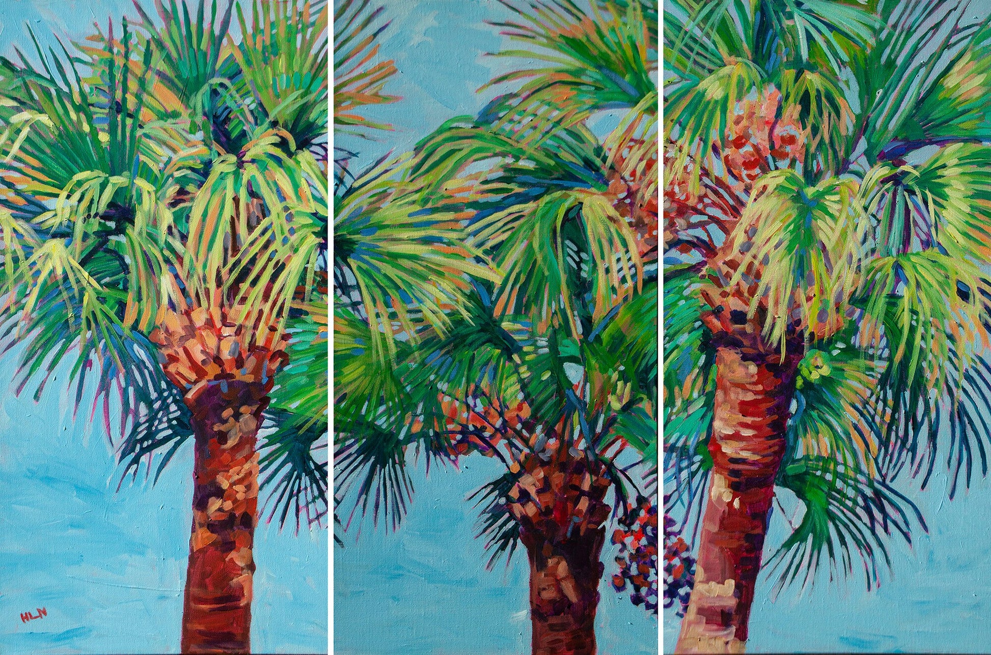 expressive triptych painting of three tropical palm trees