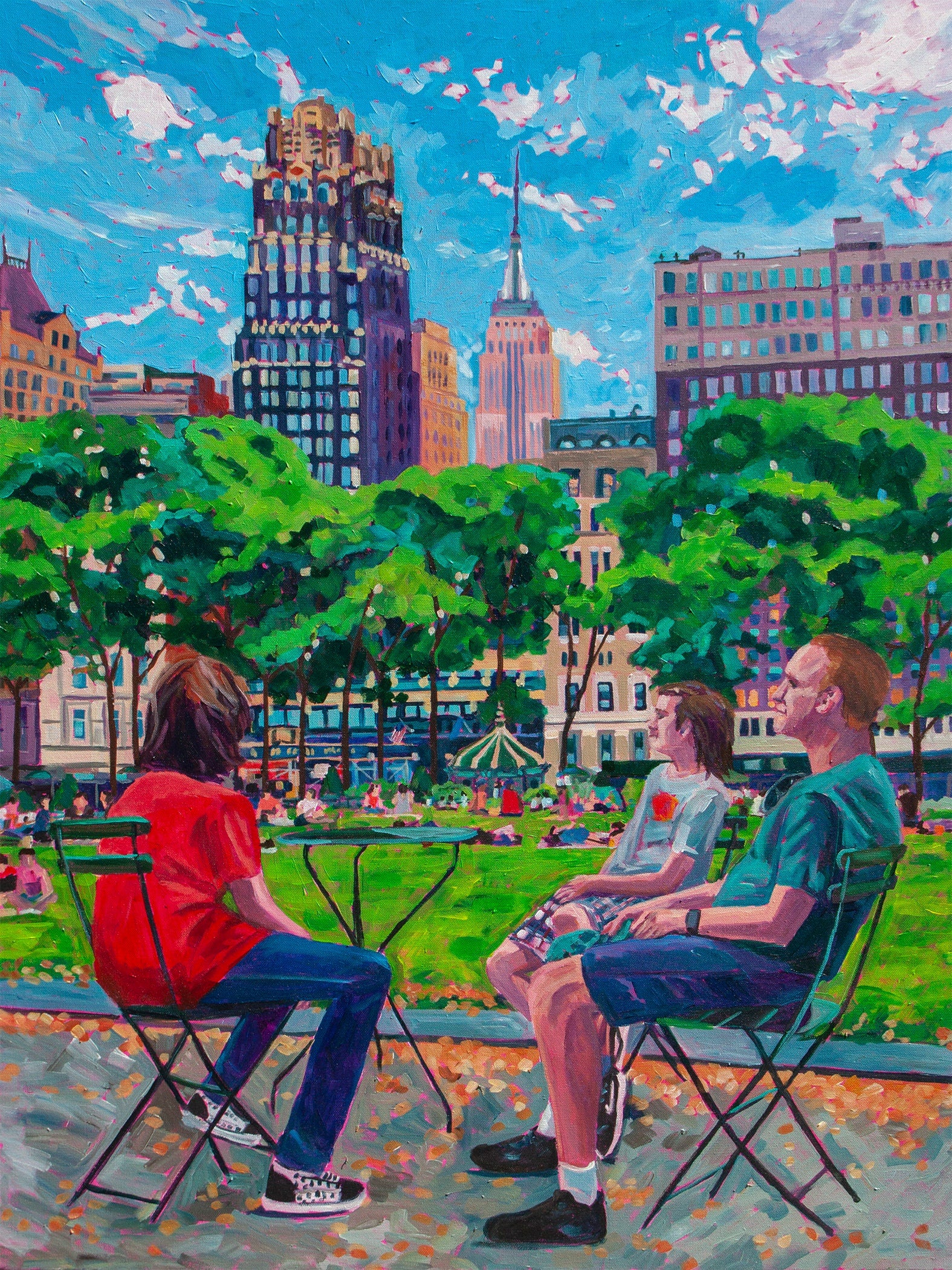 Original vibrant  impressionistic painting of Bryant Park in New York City, three people sit in chairs foreground and look at the Empire State Building in background