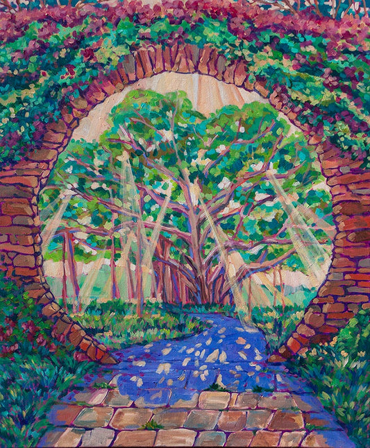 Original vibrant  impressionistic painting of the Tree of Life and the Garden of Eden inspired by Revelation 2:7 with a Banyan tree and circle gate