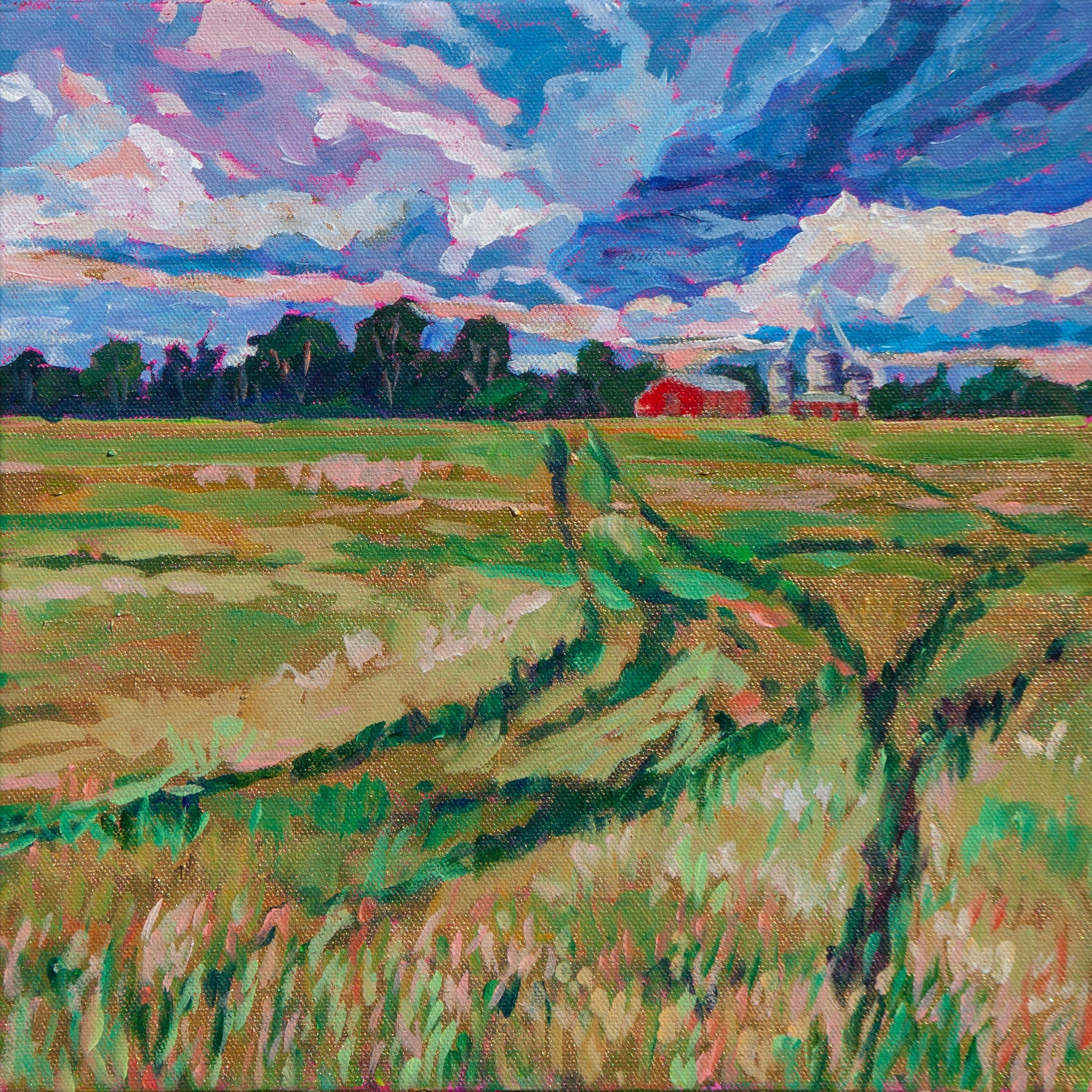 Michigan farmland painting of golden field of wheat with red barn and gold paint