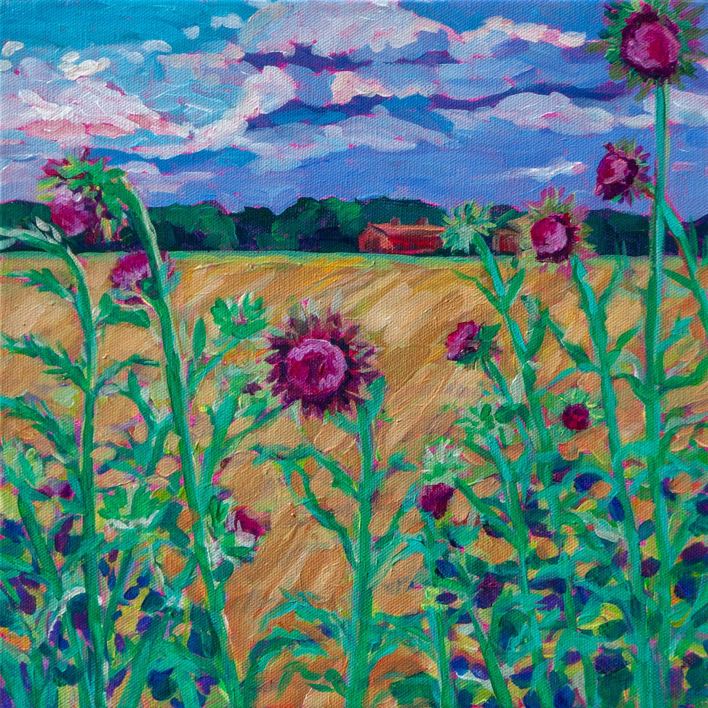 painting of farmland with dramatic skies in impressionistic style with thistles inspired by farms in southern Michigan