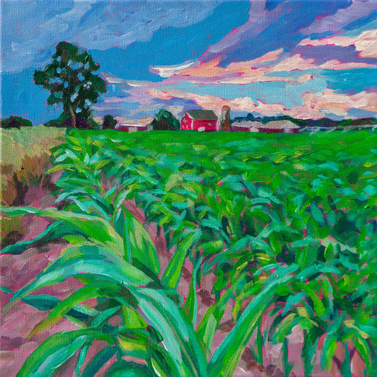 young crops growing in rows in this rural farmland painting inspired by souther Mighigan