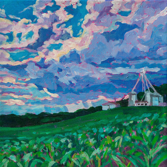 painting of farmland with dramatic skies in impressionistic style