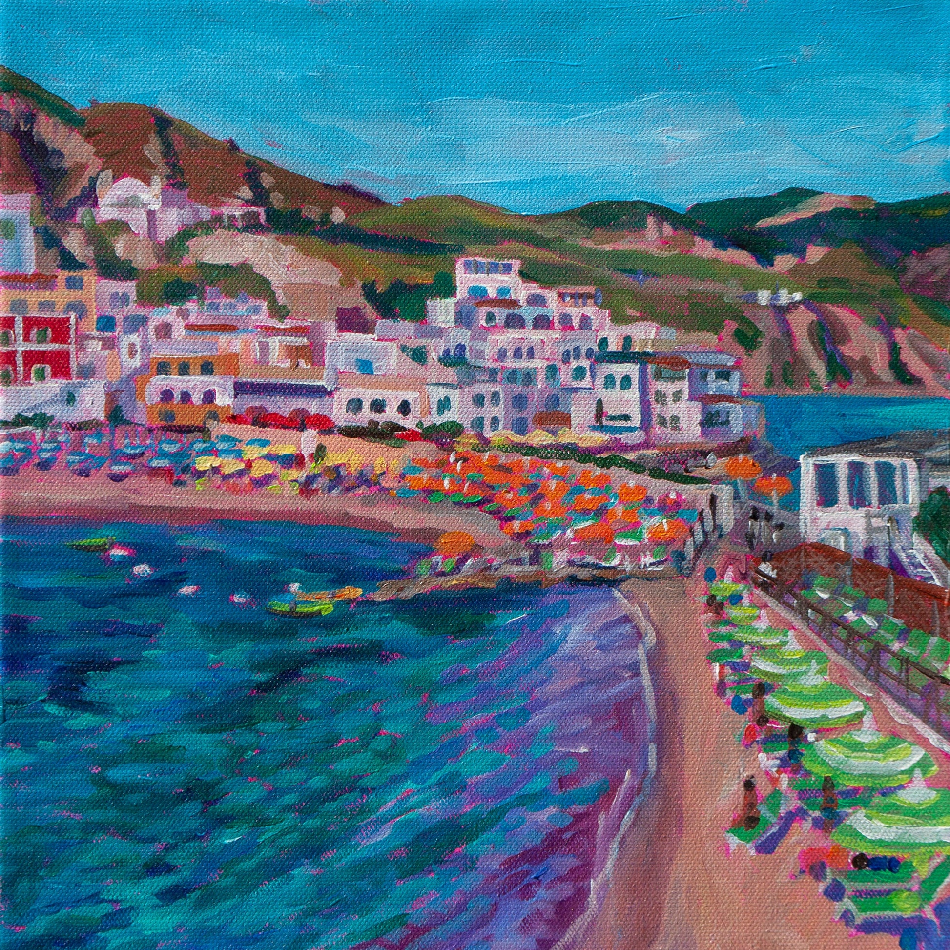 Ischia Italy painting with beach mountians and umbrellas
