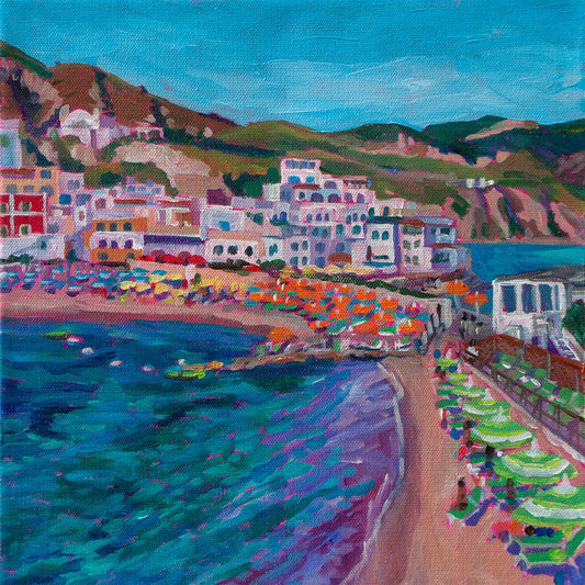 Ischia Italy painting with beach mountians and umbrellas