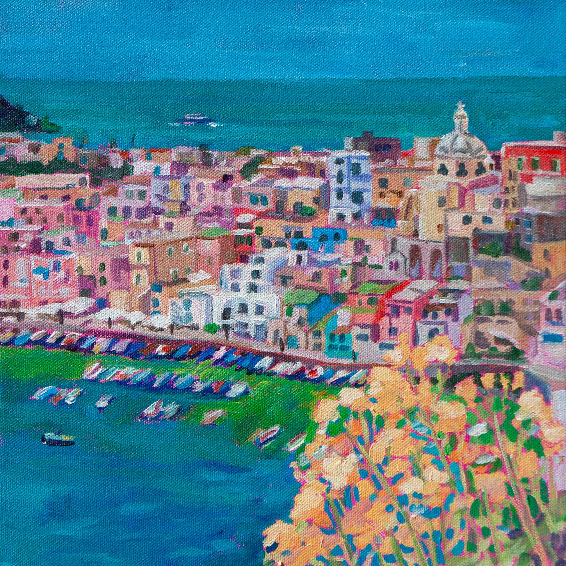 Italian painting of island of Procida off the coast of Naples with colorful buildings and blue sea