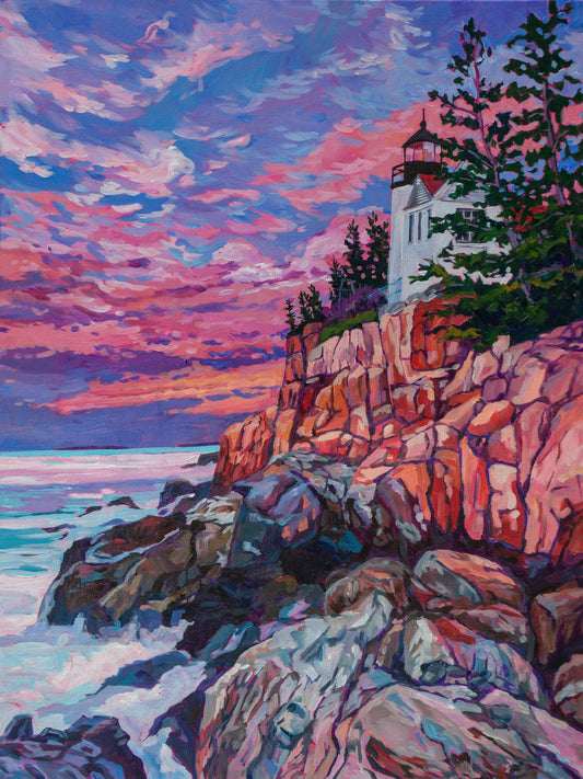 Sunrise Painting of Bass Harbor Lighthouse on the cliffside in Acadia National Park on Mount Desert Island 