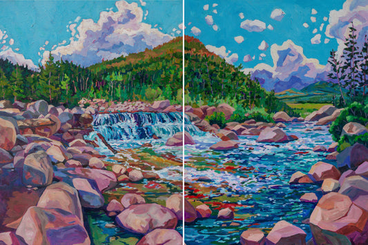 Dramatic Diptych painting of the Alluvial Fan in Rocky Mountain National Park in Colorado 