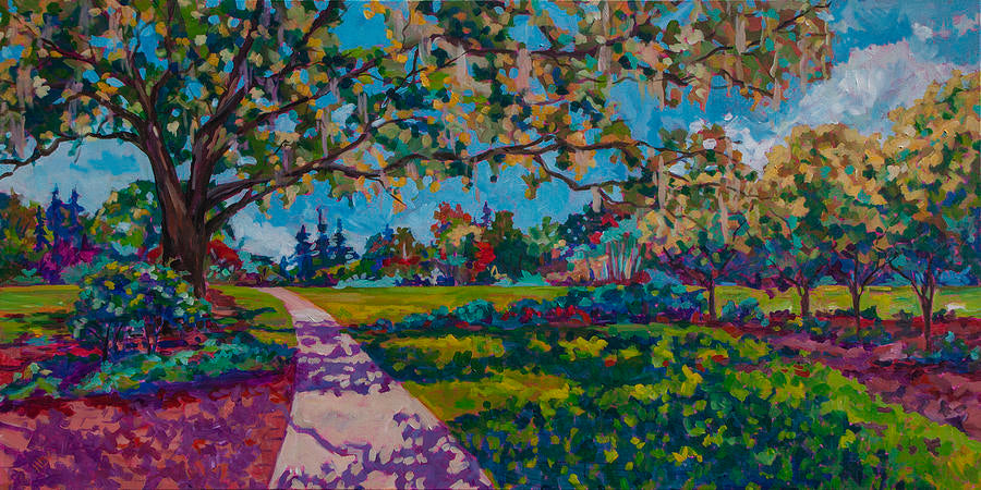 Vibrant impressionist expressive painting of botanical garden setting with large oak tree and dappled light inspired by Leu gardens in Orlando Florida