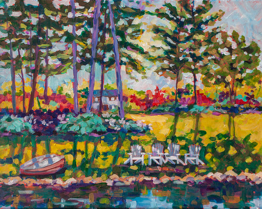 lake home with tall trees and dappled light, chairs and boat inspired by rainbow lake in Horton Michigan