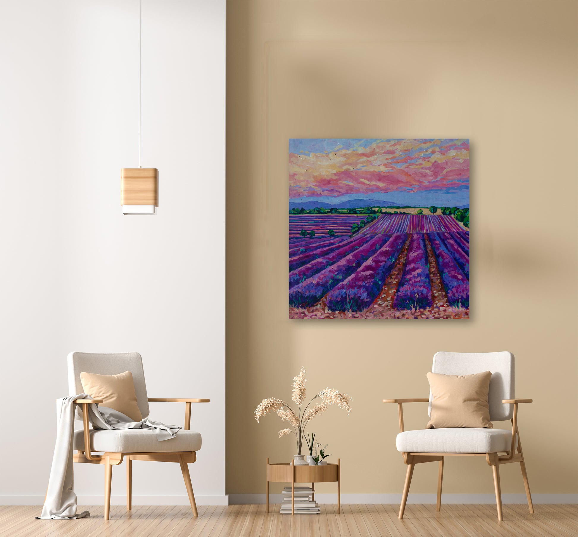 Large lavender field painting on wall in a neutral decor room