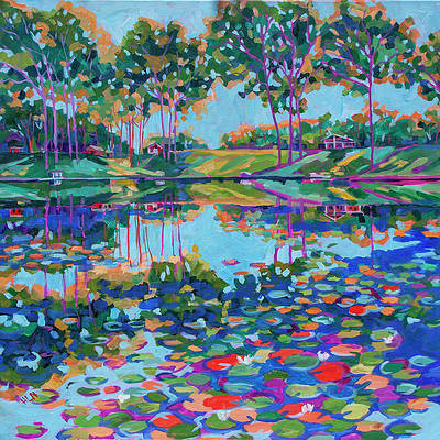 Vibrant impressionist painting of lake with colorful lily pads and reflections inspired by Rainbow Lake in Horton Michigan