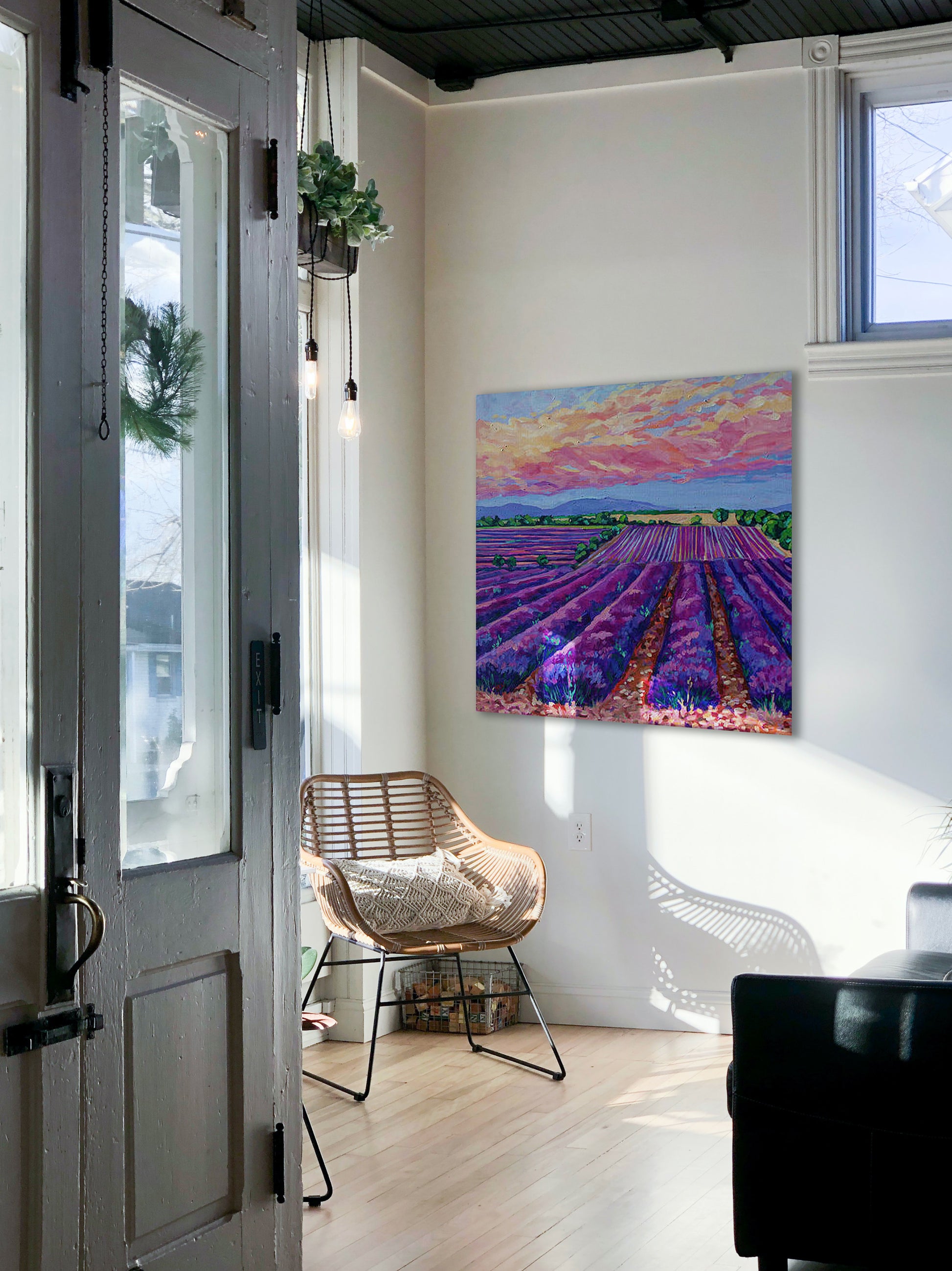 Entry way to house with beautiful painting of purple lavender fields