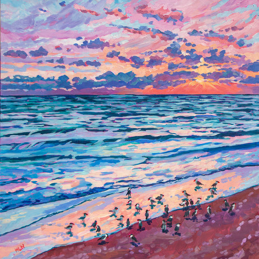 Painting of sunrise over the beach with a gathering of birds playing in the shallow surf