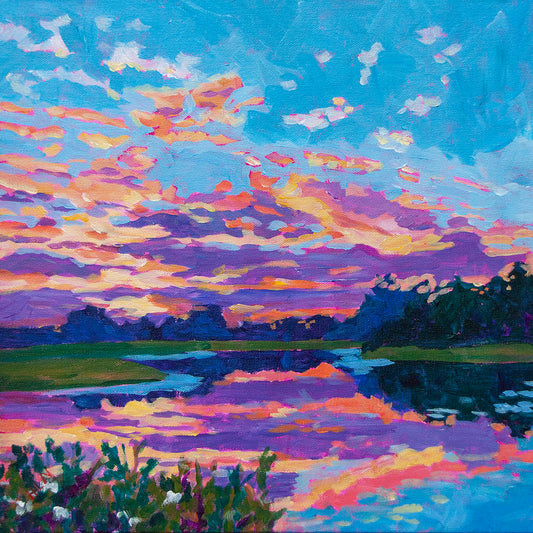 Sunrise landscape painting with clouds reflected on still pond in Orlando Florida