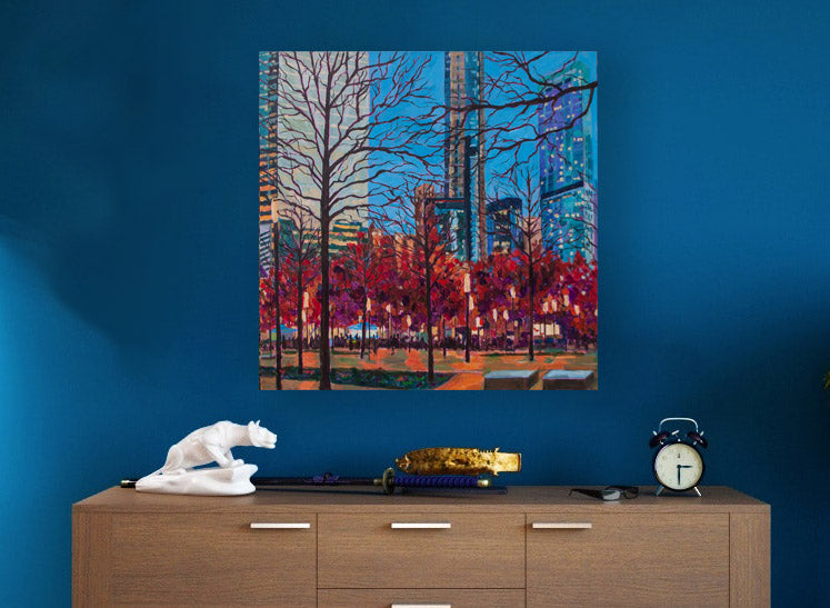 NYC cityscape with trees on wall with dresser