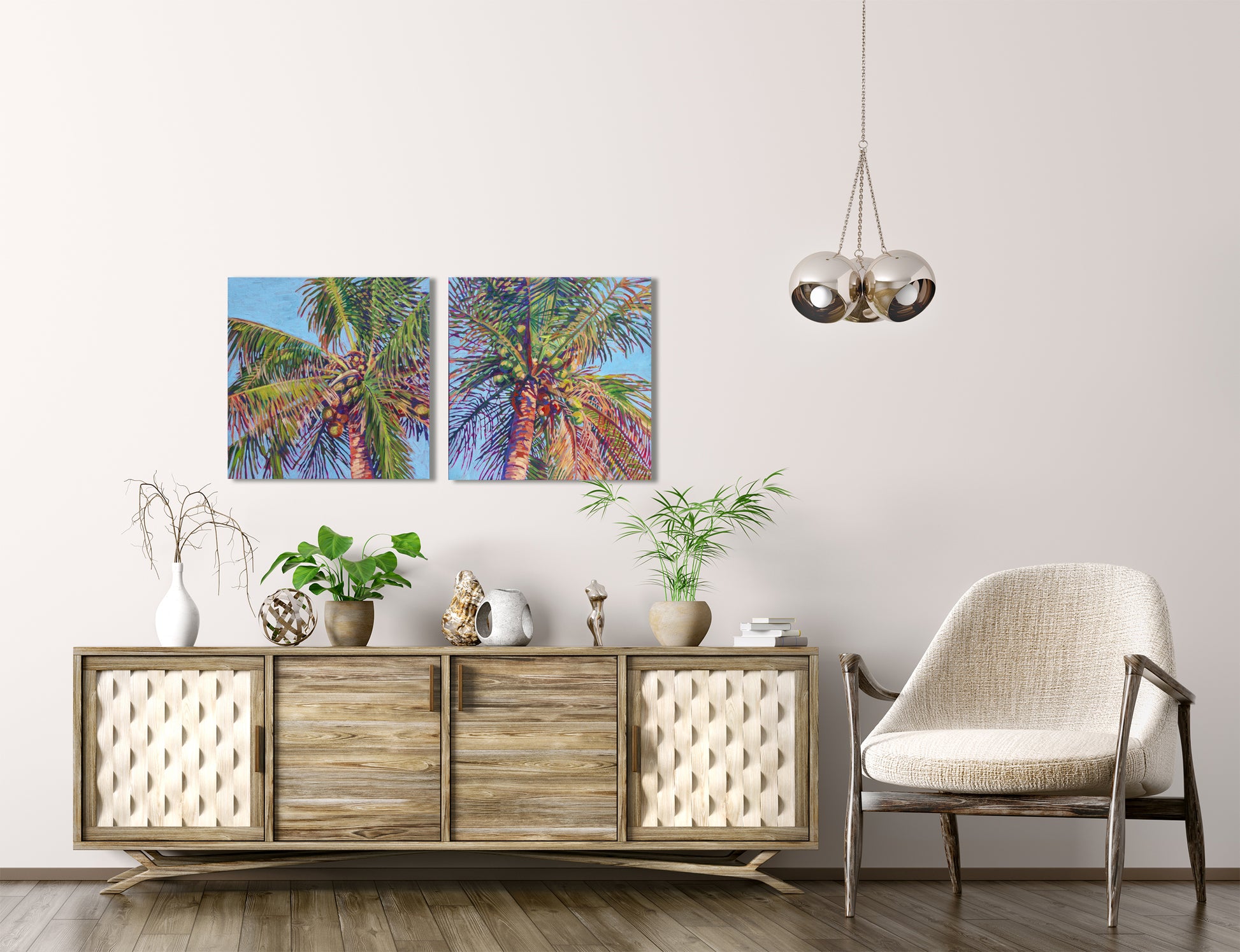 two coconut palm tree paintings in neutral living room area