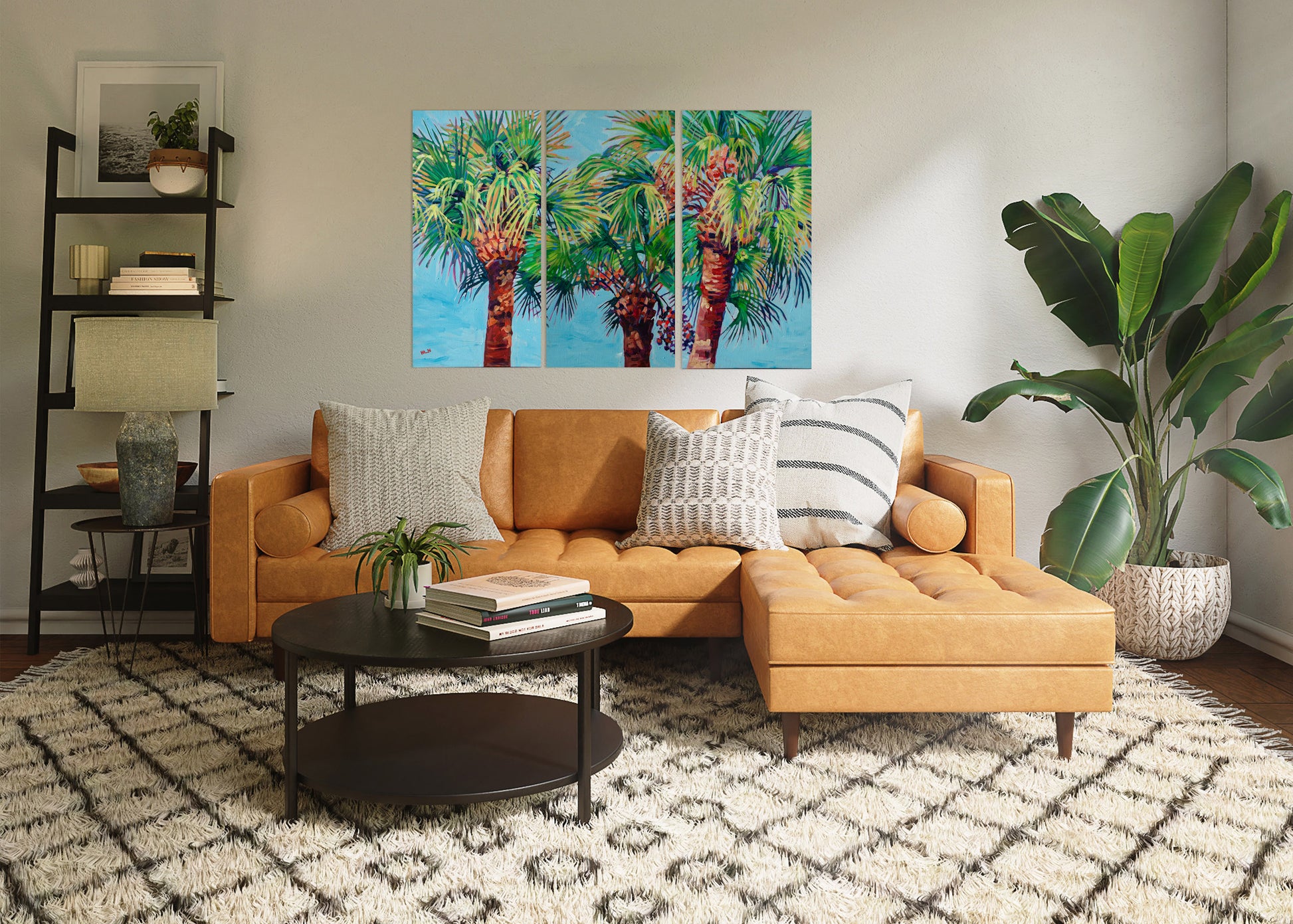 Florida topical palm tree triptych painting in a living room setting