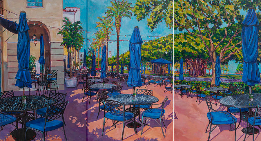 Large scale triptych piece of cafe with blue umbrellas and banyan tree in background inspired by St Petersburg Florida