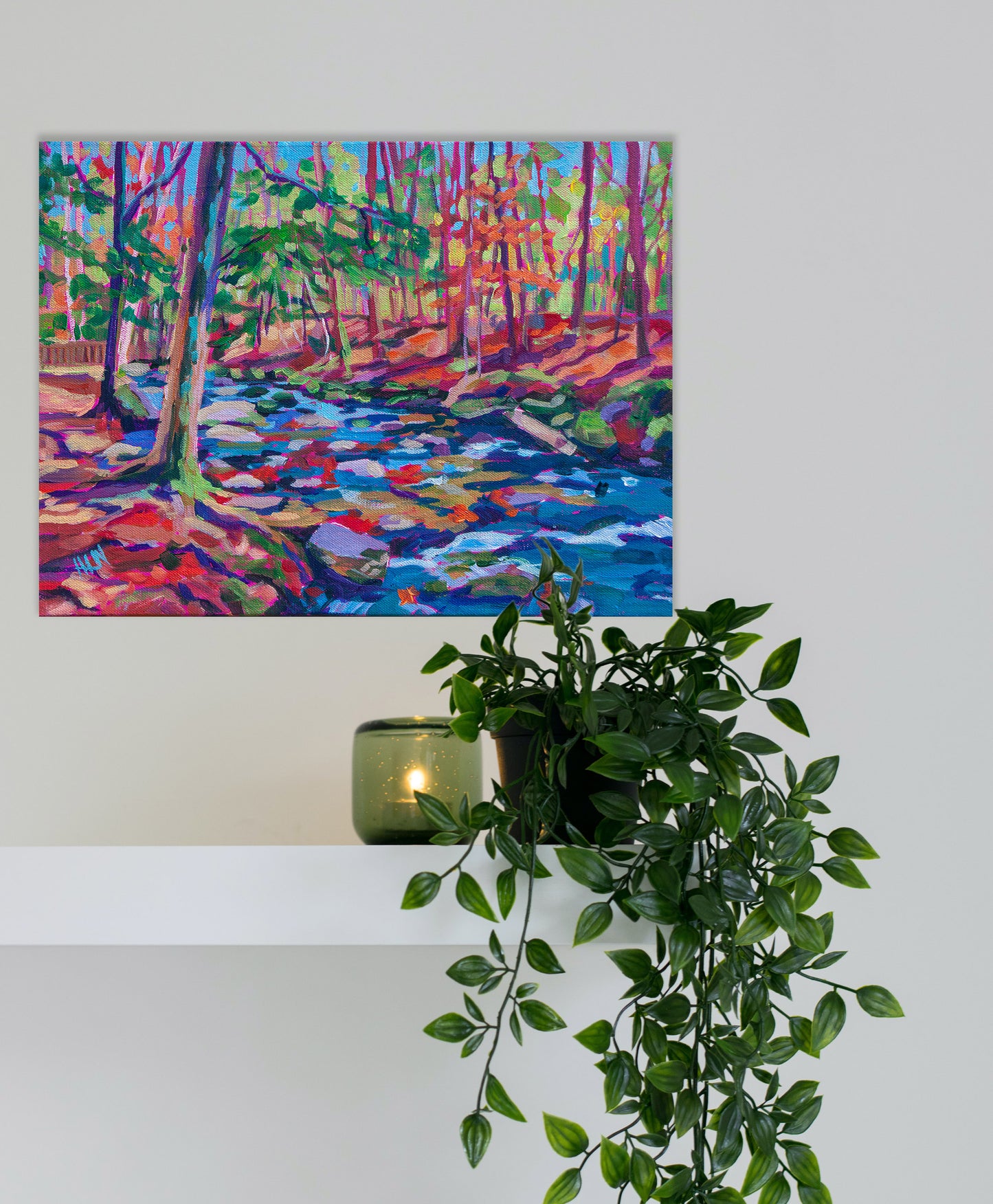 painting of woodland stream with plant and shelf
