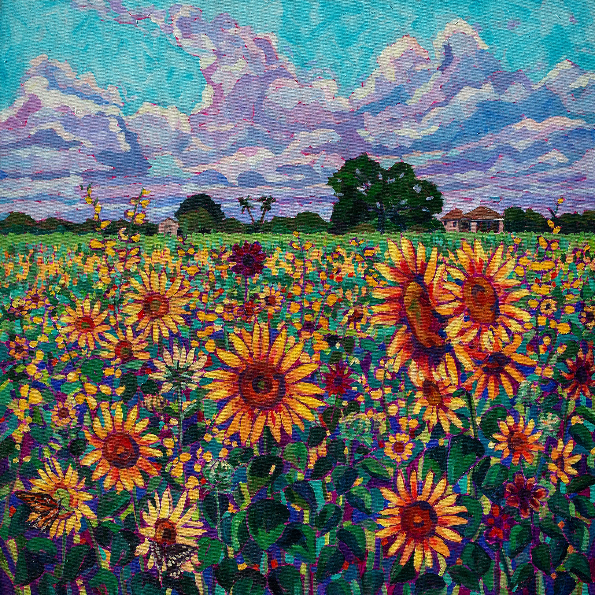 Large field of sunflowers with dramatic skies in a Original vibrant  impressionistic painting 