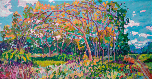 Original vibrant impressionist landscape painting of tree branches meeting overhead